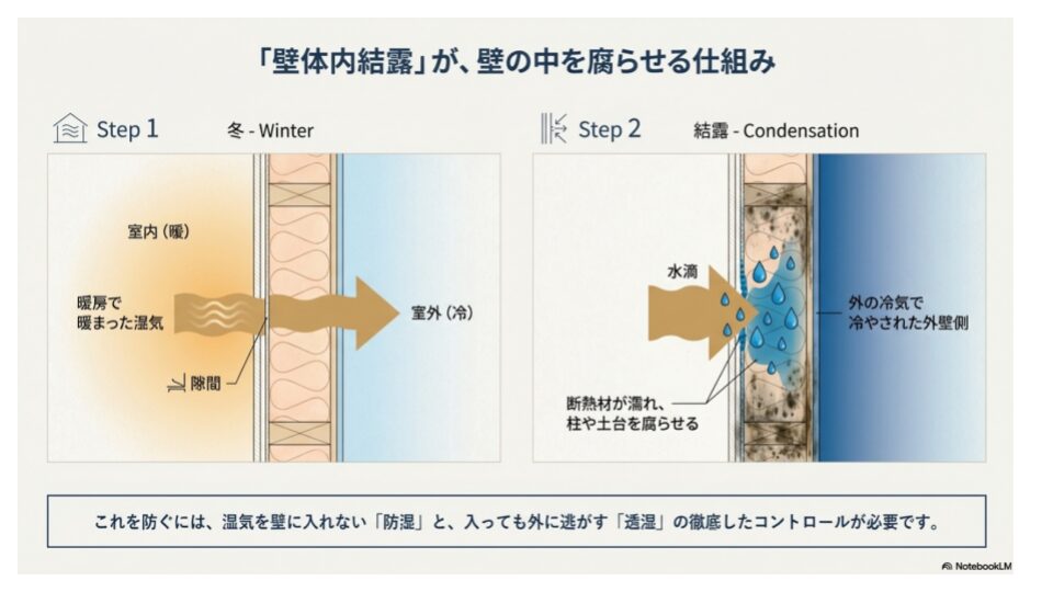 冬に室内の湿気が壁内に入り、外側で冷やされて結露し、断熱材や柱を濡らす仕組みを示した図